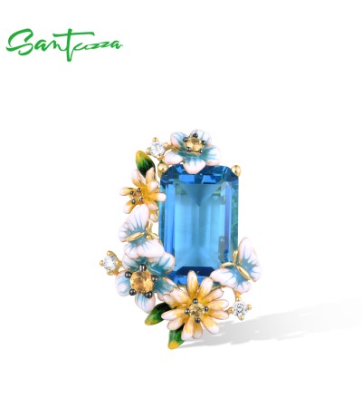 SANTUZZA 925 Sterling Silver Pendant Octagon Blue Stone Flower Butterfly Enamel Gold Color Fine Jewelry