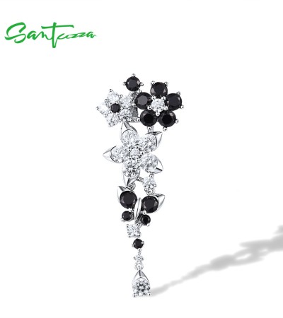 SANTUZZA Silver Pendant 925 Sterling Silver Black Spinel White CZ Exquisite Flower Jewelry