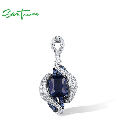 SANTUZZA 925 Sterling Silver Solitaire Pendant Blue White Cubic Zirconia Jewelry