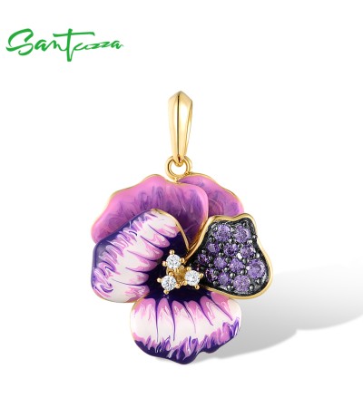 SANTUZZA 925 Sterling Silver Pendant Amethyst Cubic Zirconia Enamel Flower Jewelry