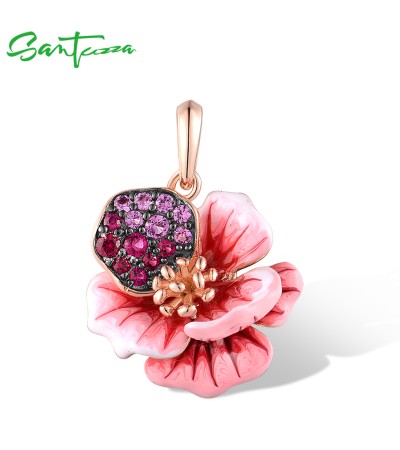 SANTUZZA 925 Sterling Silver Pendant Created Pink Red Sapphire Enamel Flower Jewelry