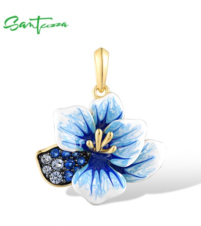 SANTUZZA 925 Sterling Silver Pendant Blue Spinel Enamel Flower Trendy Gifts Fine Jewelry