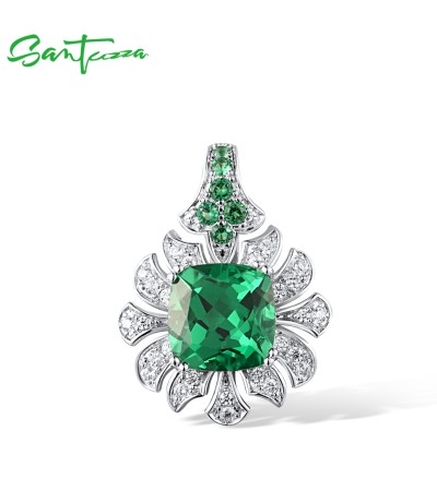 SANTUZZA 925 Sterling Silver Pendant Square Green Spinel White CZ Flower Jewelry