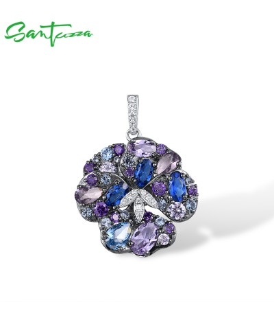 SANTUZZA 925 Sterling Silver Pendant Multi Gems Blue Orchid Flower Jewelry