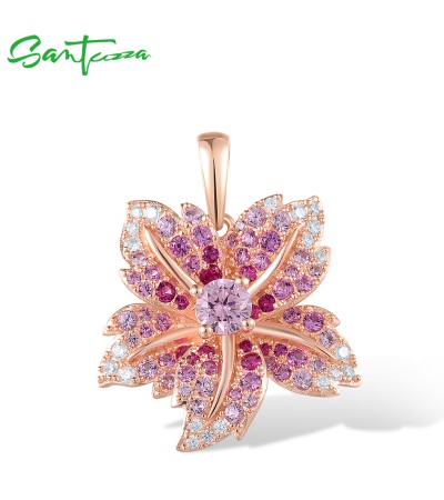 SANTUZZA 925 Sterling Silver Pendant  Sparkling Blue Pink Color Lily Flower Jewelry - Pink and Red Stones/Rose Gold Plating