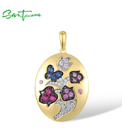 SANTUZZA 925 Sterling Silver Flower & Butterfly Pendant Created Ruby/ Pink Sapphire White Cubic Zirconia Jewelry