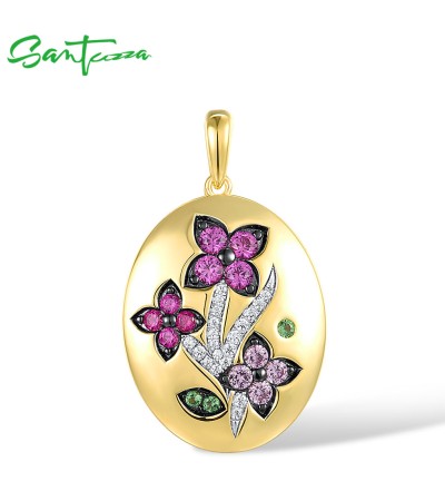 SANTUZZA 925 Sterling Silver Flower Pendant Created Ruby/ Pink Sapphire White CZ Green Spinel Jewelry