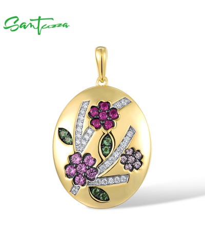 SANTUZZA 925 Sterling Silver Red and Pink Flower Pendant Created Ruby/ Pink Sapphire White CZ Jewelry