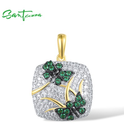 SANTUZZA 925 Sterling Silver Pendant Green Spinel White CZ Gold Color Plated Butterfly Jewelry