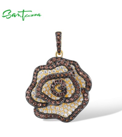 SANTUZZA 925 Sterling Silver Pendant White CZ Brown Spinel Rose Flower Fine Jewelry