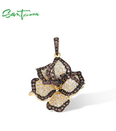 SANTUZZA 925 Sterling Silver Pendant White CZ Brown Spinel Orchid Flower Fine Jewelry