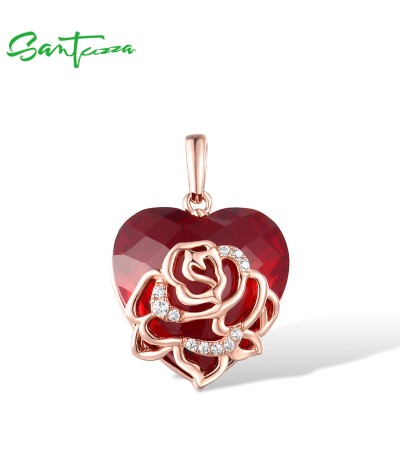 SANTUZZA 925 Sterling Silver Pendant Red Stones White CZ Rose Heart Pendant Fine Jewelry