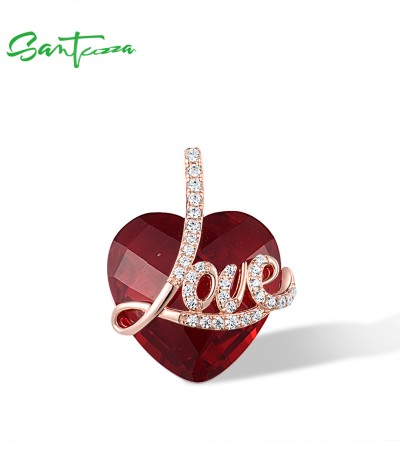SANTUZZA 925 Sterling Silver Pendant Red Stones White CZ Love Heart Pendant Fine Jewelry