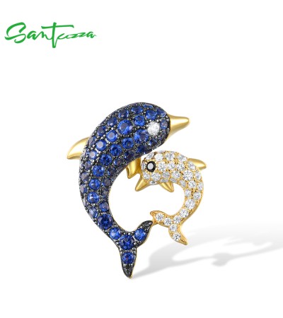 SANTUZZA 925 Sterling Silver Pendant Black Spinel Blue White CZ Dolphin Pendant Fine Jewelry