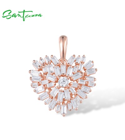SANTUZZA 925 Sterling Silver Pendant White CZ Rose Gold Color Heart Pendant Fine Jewelry