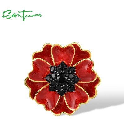 SANTUZZA 925 Sterling Silver Pendant Black Spinel Red Blossom Sun Flower Enamel Jewelry