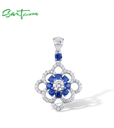 SANTUZZA Silver Pendant 925 Sterling Silver Blue White Cubic Zirconia Flower Jewelry