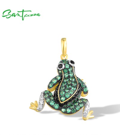 SANTUZZA 925 Sterling Silver Pendant Green Black Spinel White CZ Frog Animal Jewelry