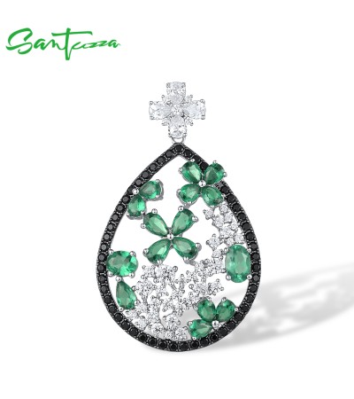 SANTUZZA 925 Sterling Silver Pendant Green Black Spinel White CZ Flower Pendant Fine Jewelry