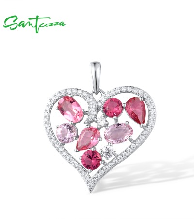SANTUZZA 925 Sterling Silver Pendant Pink Stones White CZ Heart Pendant Fine Jewelry