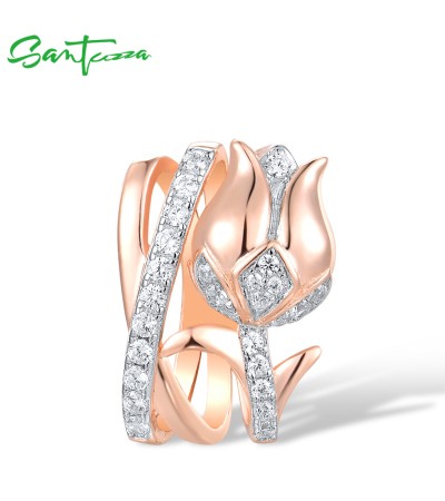 SANTUZZA 925 Sterling Silver Pendant White Cubic Zirconia Rose Gold Color Flower Fine Jewelry