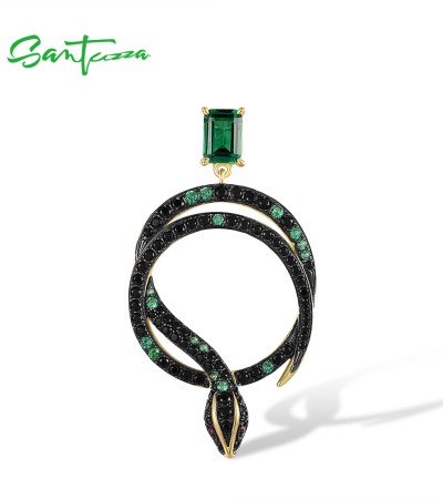 SANTUZZA 925 Sterling Silver Pendant Black Green Spinel Snake Safari Animal Jewelry