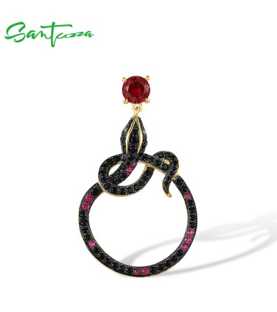 SANTUZZA 925 Sterling Silver Pendant Sparkling Black Spinel Red Crystal Snake Animal Jewelry