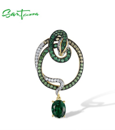 SANTUZZA 925 Sterling Silver Pendant Sparkling Black Green Spinel Snake Safari Animal Jewelry