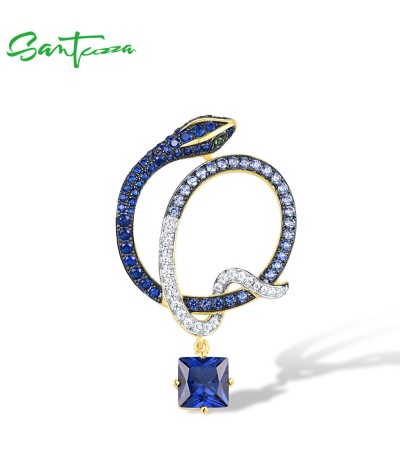 SANTUZZA 925 Sterling Silver Pendant White CZ Blue Spinel Snake Animal Jewelry