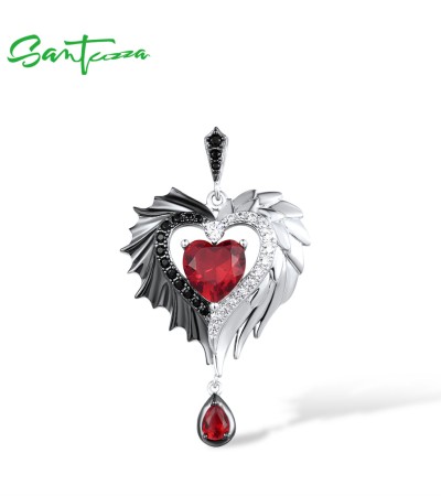 SANTUZZA 925 Sterling Silver Pendant Red Heart Black Wing Spinel White CZ Jewelry