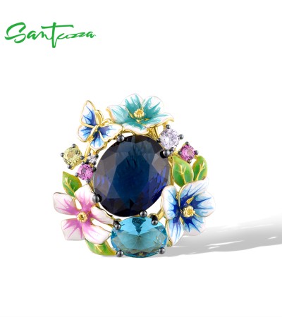 SANTUZZA 925 Sterling Silver Pendant Colorful Enamel Blue Stone Flower Fashion Fine Jewelry