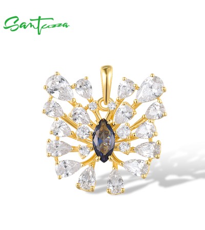 SANTUZZA 925 Sterling Silver Pendant White CZ Blue Spinel Jewelry