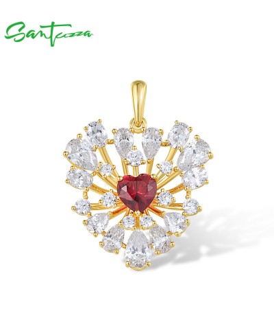 SANTUZZA 925 Sterling Silver Pendant Sparkling White CZ Red Heart Cluster Jewelry