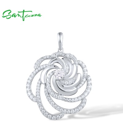 SANTUZZA 925 Sterling Silver Pendant White Cubic Zirconia Twisted Flower Pendant Fine Jewelry