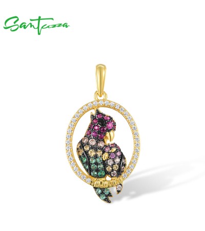 SANTUZZA 925 Sterling Silver Pendant Sparkling Multi-Color Stone Parrot Fine Jewelry