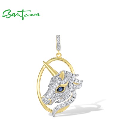 SANTUZZA 925 Sterling Silver Unicorn Pendant Blue Nano White Cubic Zirconia Jewelry