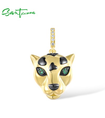 SANTUZZA 925 Sterling Silver Pendant Green Spinel White Zirconia Gold Color Leopard Jewelry