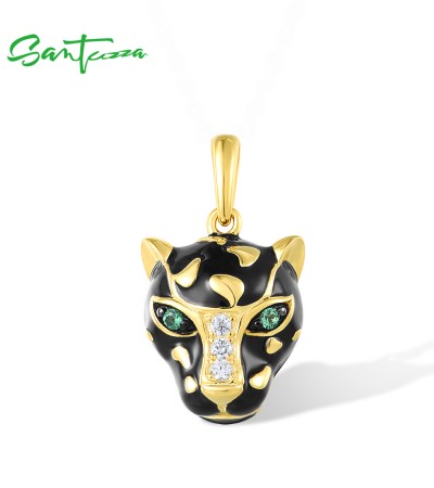 SANTUZZA 925 Sterling Silver Black Leopard Pendant Green Spinel White CZ Animal Jewelry Enamel