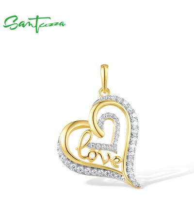 SANTUZZA 925 Sterling Silver Pendant White Cubic Zirconia Double Heart Love Jewelry