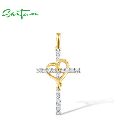 SANTUZZA 925 Sterling Silver Pendant Classic Cross Love Heart White CZ Fine Jewelry