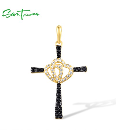 SANTUZZA 925 Sterling Silver Pendant Vintage Cross Love Heart Black Spinel White CZ Jewelry
