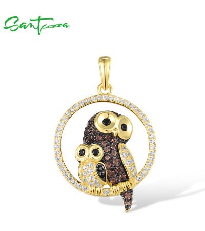 SANTUZZA 925 Sterling Silver Pendant White Brown Stone Twin Owls Animal Jewelry