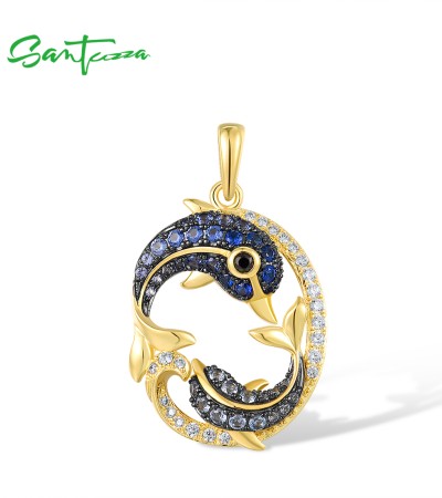 SANTUZZA 925 Sterling Silver Pendant Black Blue Stones White CZ Dolphin Ocean Fine Jewelry
