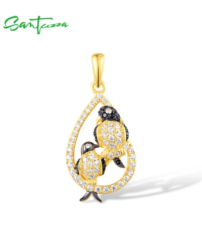 SANTUZZA 925 Sterling Silver Pendant White Black Stones Twin Swallow Birds Jewelry