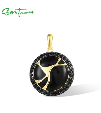 SANTUZZA 925 Sterling Silver Oriental Pendant Black Spinel Antique Look Enamel Jewelry