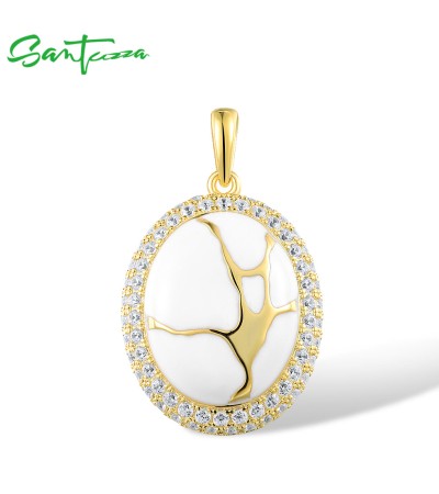 SANTUZZA 925 Sterling Silver Oriental Enamel Pendant White CZ Yellow Plating Fine Jewelry