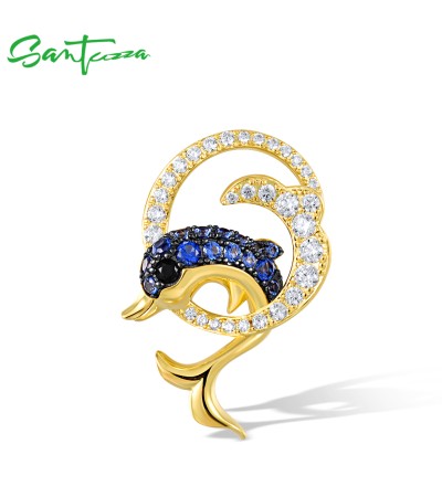 SANTUZZA 925 Sterling Silver Pendant Blue Nano White Cubic Zirconia Dolphin Fine Jewelry