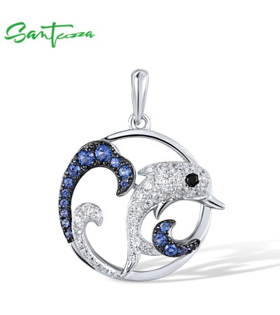 SANTUZZA 925 Sterling Silver Pendant Black Spinel Blue White CZ Dolphin Ocean Fine Jewelry