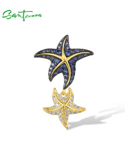 SANTUZZA 925 Sterling Silver Pendant Blue Nano And White CZ Double Star Fish Fine Jewelry