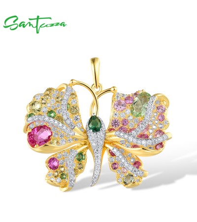 SANTUZZA 925 Sterling Silver Pendant Multi-Color Gems Butterfly Fine Jewelry